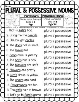 Plural Nouns and Possessive Nouns Identification Worksheets ...