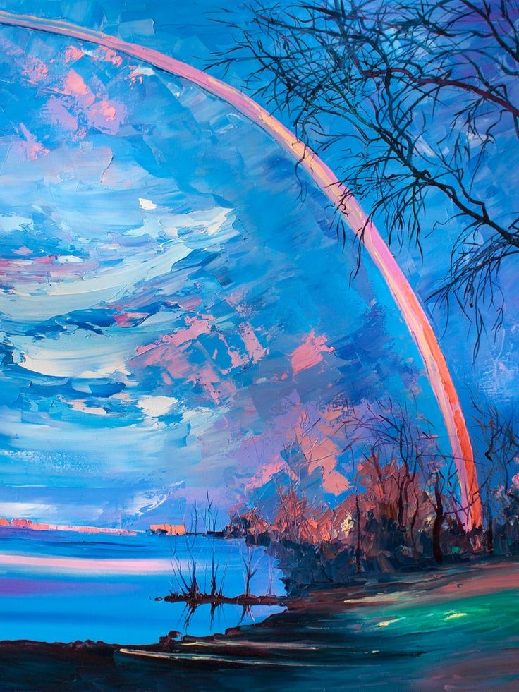 an oil painting of a rainbow in the sky over a body of water with trees