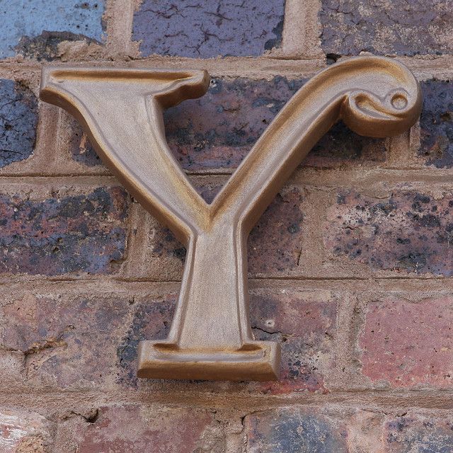 the letter y is carved into a brick wall