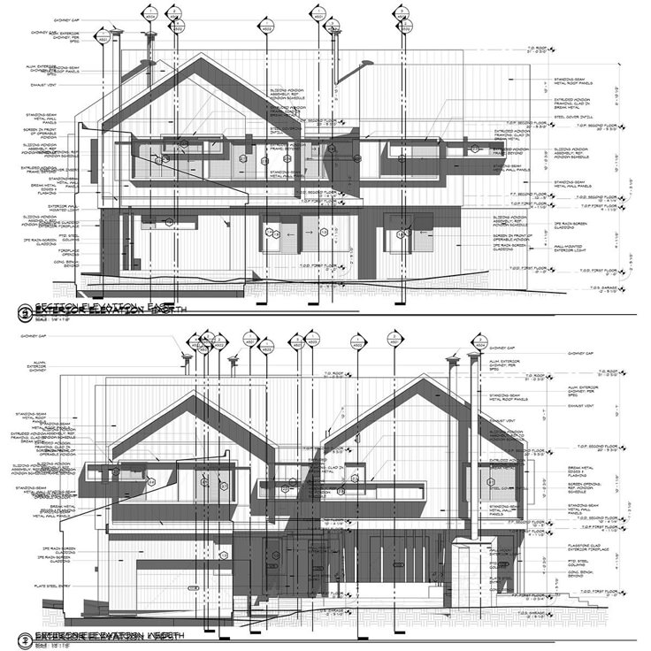 two drawings of the front and side of a house