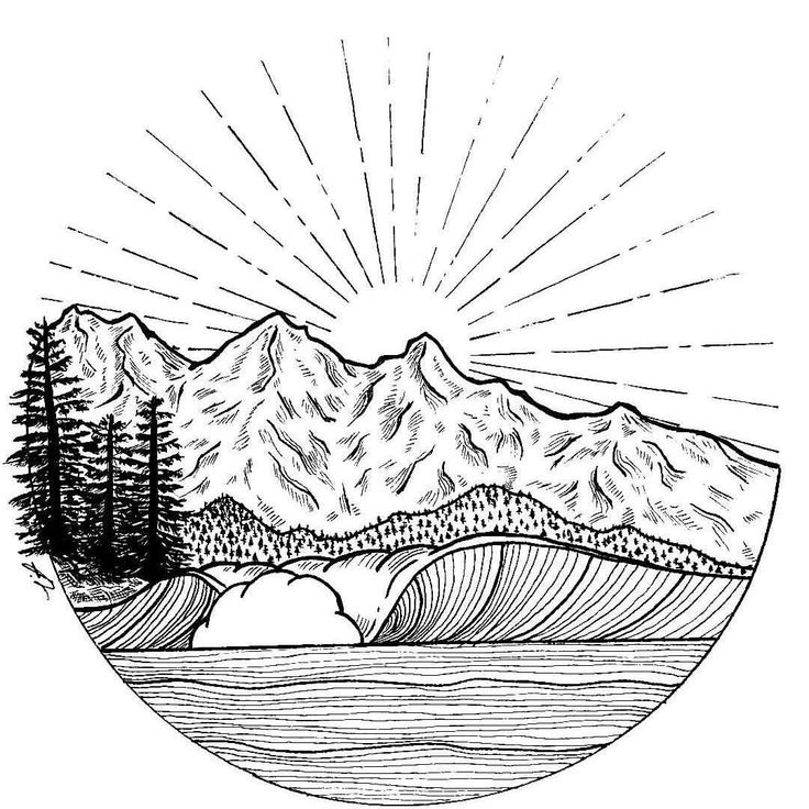 an ink drawing of mountains and trees in the water with sunbeams above them