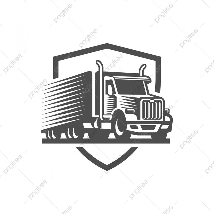 a semi truck driving on the road in front of a shield with an arrow symbol