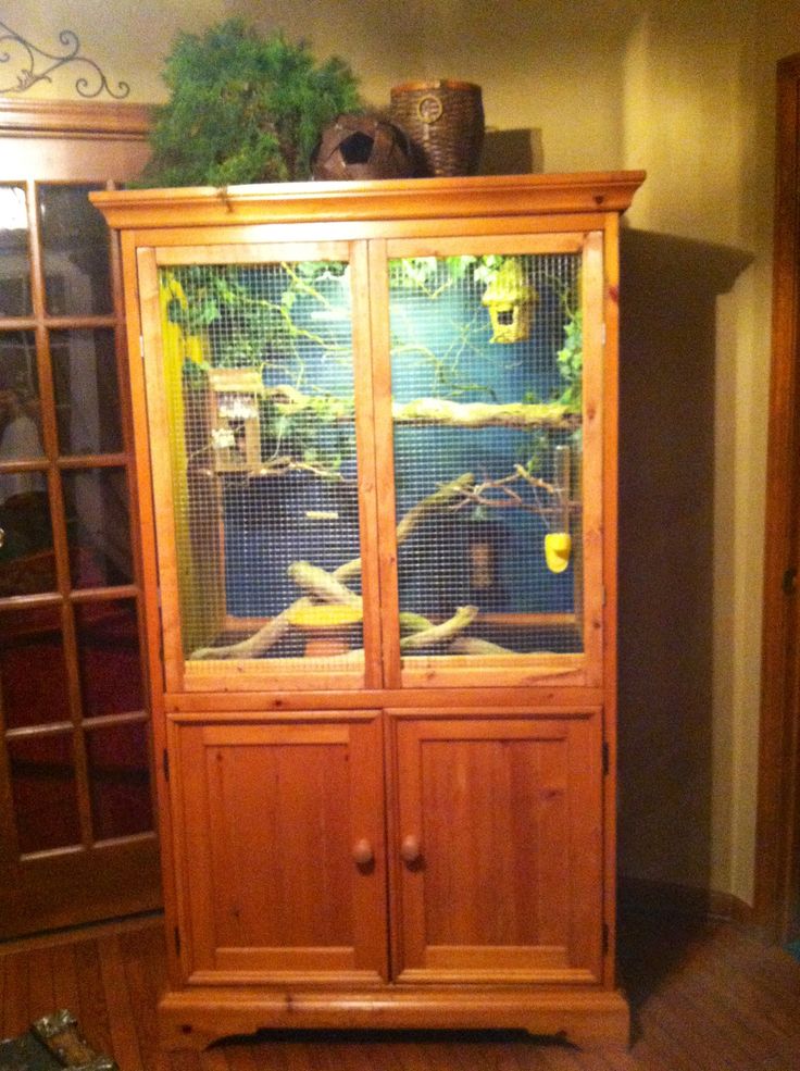 a large wooden cabinet with glass doors in a living room