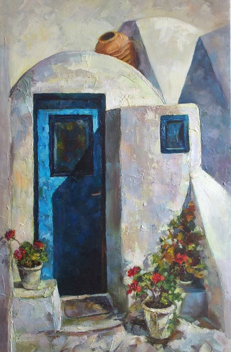 an oil painting of a blue door and potted flowers on the outside of a white building