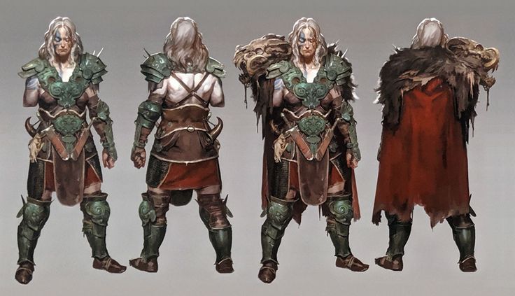 four different types of armor and costumes for an animated video game, with one woman standing in front of the other