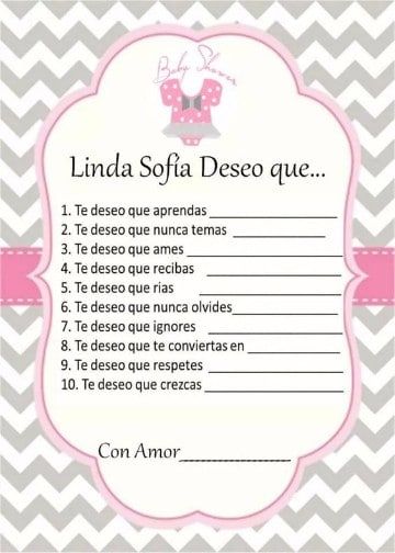 a pink and gray chevroned baby shower game with the words lunaa soufa deso que que