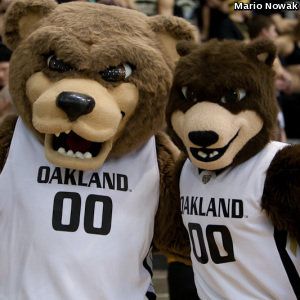 two mascot bears wearing shirts with the words oakland on them