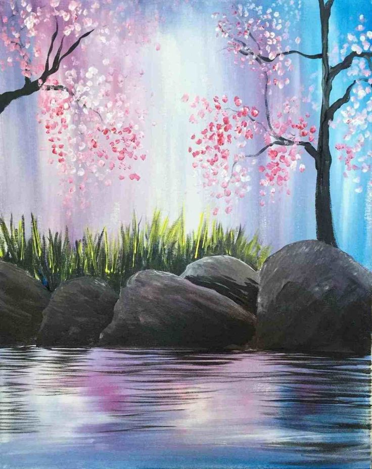 an acrylic painting of trees and rocks in the water with pink flowers on them