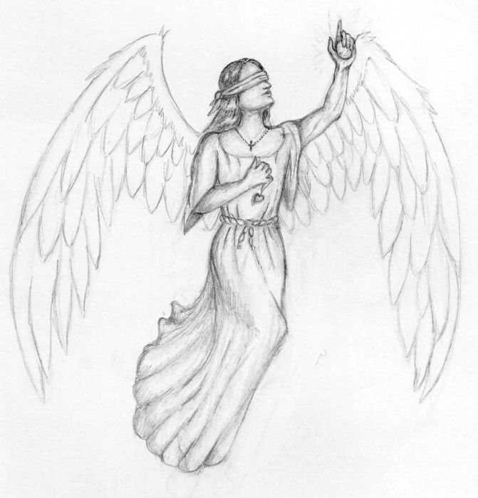 an angel with outstretched wings is shown in this drawing