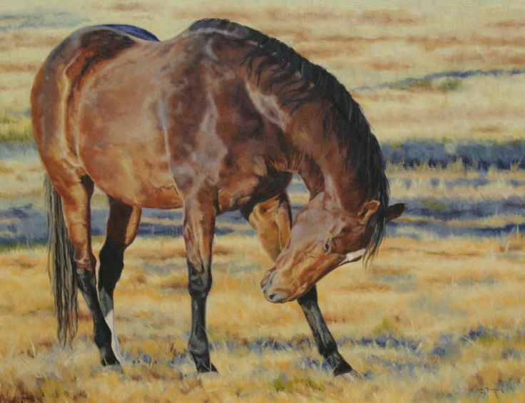 a painting of a brown horse grazing on dry grass in an open field with yellow grasses