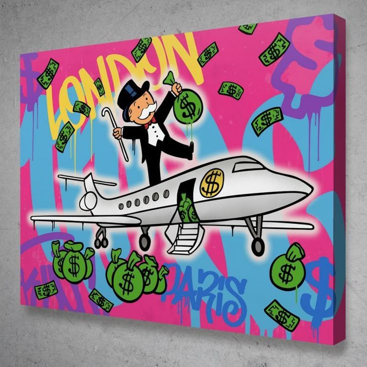 a painting of a man on top of a plane with money coming out of it