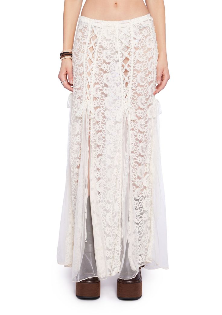 Current Mood Sheer Floral Mesh Lace Self-Tie Maxi Skirt - Off White Boomtown Outfit, Fairy Core Dresses, Fairy Core Outfits, Core Dresses, Current Mood Clothing, Conservative Outfits, Core Outfits, Shorts Skirt, Coachella Outfit