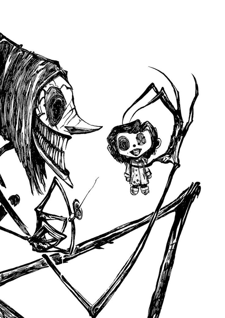 a black and white drawing of a skeleton with a doll in it's mouth