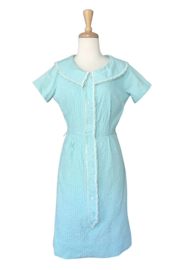 Vintage 1950s Blue Pin Tuck Lace Dress 50s day dress Cay | Etsy Vintage Light Blue Cotton Dress, Light Blue Vintage Cotton Dress, Vintage Blue Dress With Lace Trim, Blue Vintage Dress With Lace Trim, Vintage Light Blue Daywear Dress, Vintage Light Blue Dress For Daywear, Light Blue Vintage Daywear Dress, Blue Peter Pan Collar Dress For Daywear, 1950s Style Blue Cotton Vintage Dress