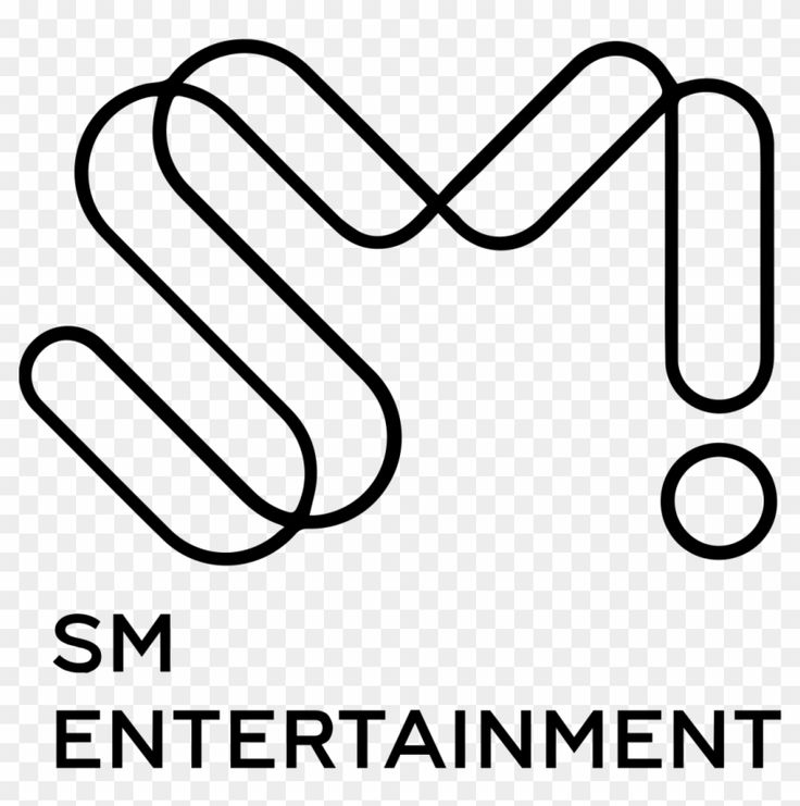 the sm entertainment logo is shown in black and white, with an arrow pointing to it