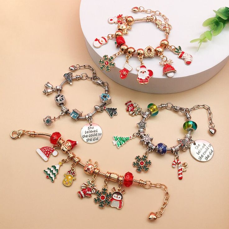 You can receive all the objects in the first main picture after you take a photo Wear your holiday spirit this winter with our Christmas Beaded Charm Bracelet Craft Kits! Each kit comes with a variety of beautifully colored beads and charms so you can create a piece of jewelry all your own. Perfect for use at school, over winter break, or with family and friends- no matter where you take this kit it is sure to bring a joyful experience. Children and adults alike enjoy these festive holiday bracelets! Quantity: 1 bracelet (each bracelet has a different style, choose according to your favorite charm) Color: Gold/Silver Uses: Christmas charm bracelet DIY random match Add a little creative fun to your Christmas romantic holiday, gifts for kids, friends, family and loved ones  Instructions  War Christmas Jewelry Diy, Antler Pendant, Beaded Charm Bracelet, Holiday Bracelets, Bracelet Craft, Bead Diy, Diy Charm, Gift Bracelet, Cute Christmas Tree