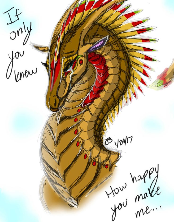 a drawing of a yellow dragon with red spikes on it's head and the words if only you knew, how happy you make me