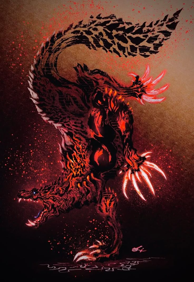 an artistic painting of a dragon with red and black paint splattered on it's body