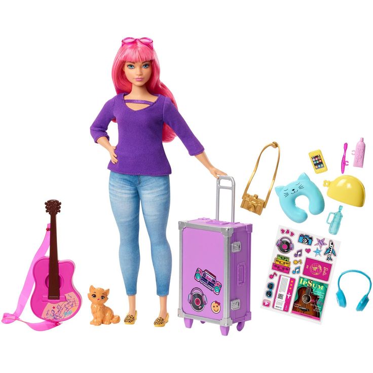 a barbie doll with pink hair holding a purple suitcase and some accessories on a white background