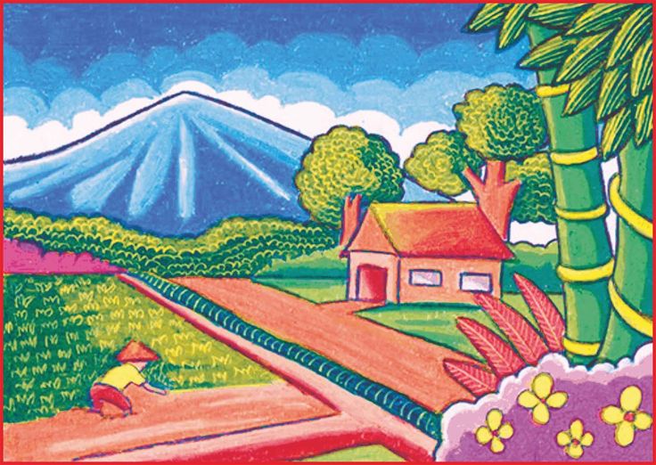 a drawing of a rural scene with mountains in the back ground and houses on the other side