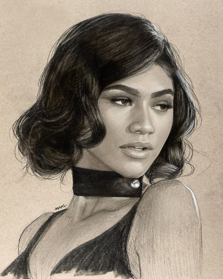 a pencil drawing of a woman wearing a black choker and dress with her hair pulled back