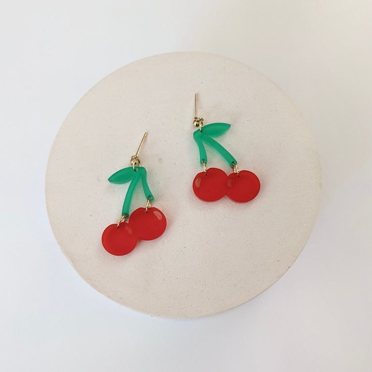 Cherry earrings are perfect for summer! gold plated stud posts acrylic 1.5 in x 1 in Trendy Adjustable Drop Clip-on Earrings, Chic Green Earrings For Gift, Trendy Resin Drop Earrings, Trendy Pierced Resin Jewelry, Trendy Handmade Drop Clip-on Earrings, Trendy Pierced Earrings For Gifts, Trendy Pierced Earrings As Gift, Trendy Earrings As Gift, Summer Clip-on Drop Earrings As Gift