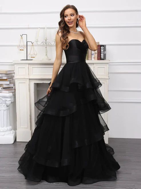 A-Line/Princess Sweetheart Long Tulle Dresses With Ruffles Dresses With Ruffles, Tulle Dress Long, Tulle Dresses, Black Evening Dress, Black Evening Dresses, Tulle Dress, Evening Dress, Ruffles, Evening Dresses