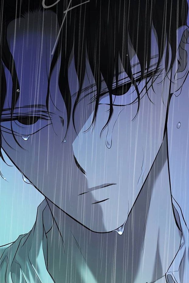 an anime character in the rain with his eyes closed and head tilted to the side