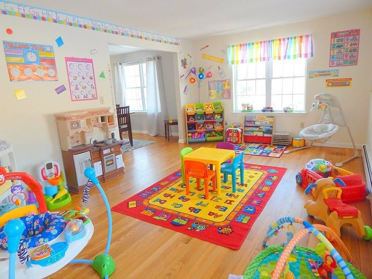 a child's playroom with toys and other items on the floor in it