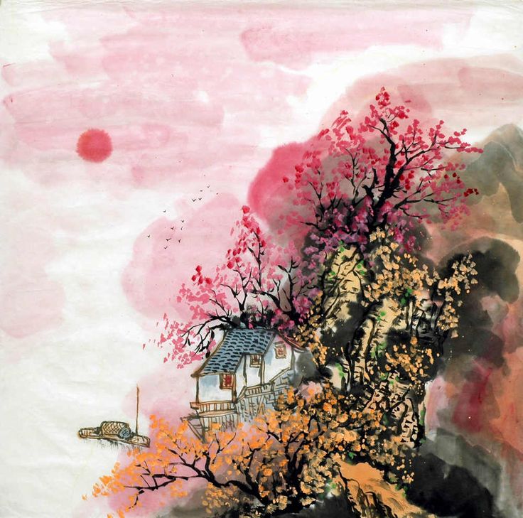 a painting of a house on top of a hill with trees in the foreground