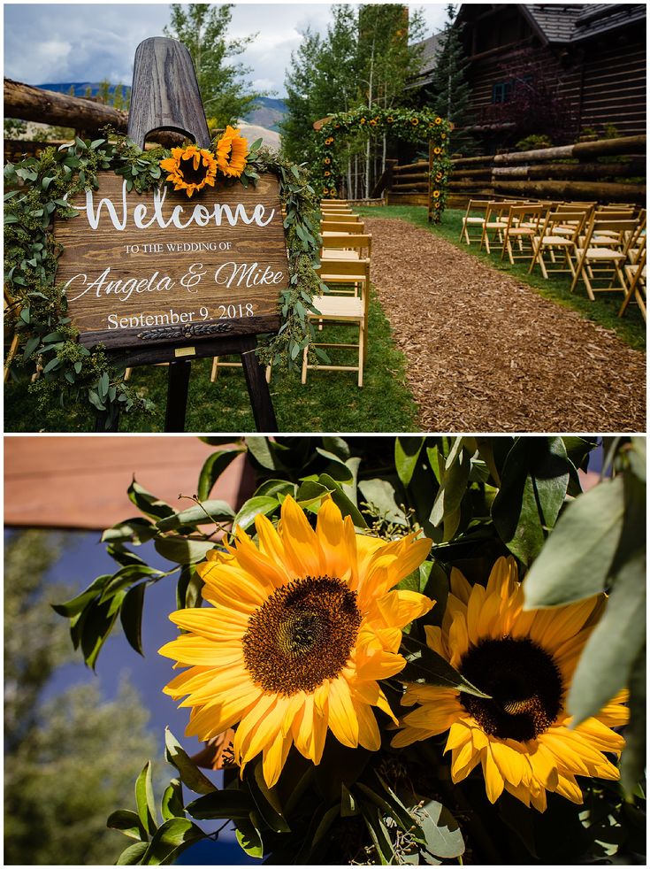 sunflowers and chairs are in front of the welcome sign for an outdoor wedding