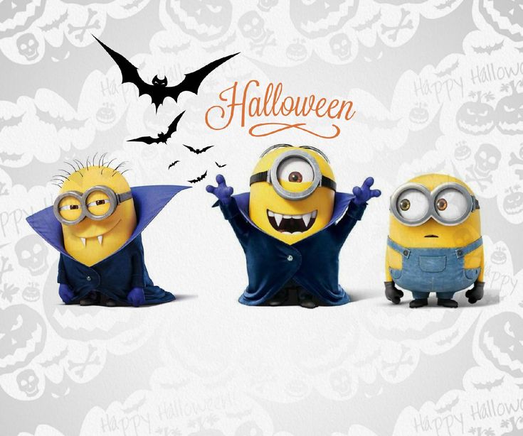 three minions from the movie despicable memes with bats and pumpkins behind them