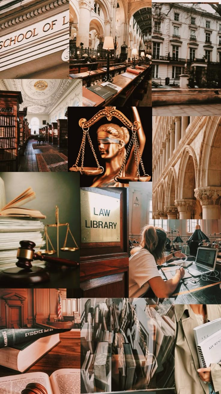 a collage of photos with books and law related items