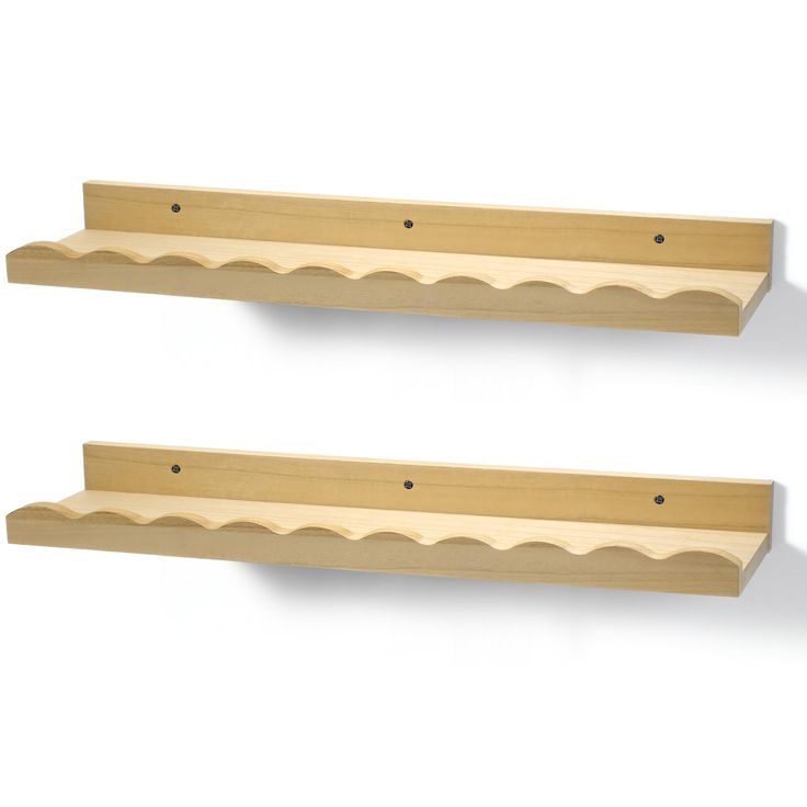 two wooden shelfs on the wall, one is made out of plywood wood