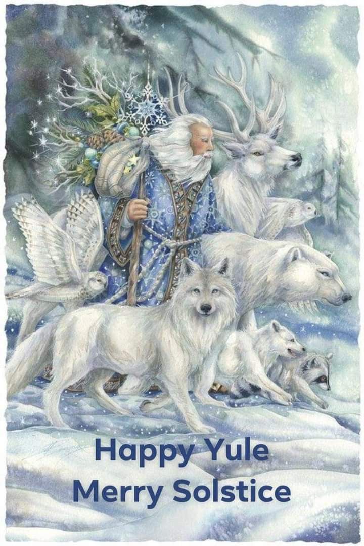 an angel and four white dogs in the snow with text happy yule merry solstice