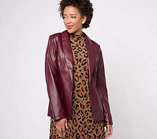 Look cool, calm, and collected in this faux leather blazer, boasting a sleek and polished appearance so you stand out for any occasion. From Susan Graver. Spring Fitted Faux Leather Blazer, Fitted Faux Leather Blazer For Fall, Sleek Fall Outerwear For Party, Sleek Outerwear For Party In Fall, Sleek Fall Party Outerwear, Chic Faux Leather Jacket For Fall, Faux Leather Notch Lapel Jacket For Office, Trendy Faux Leather Jacket For Business, Winter Business Faux Leather Blazer