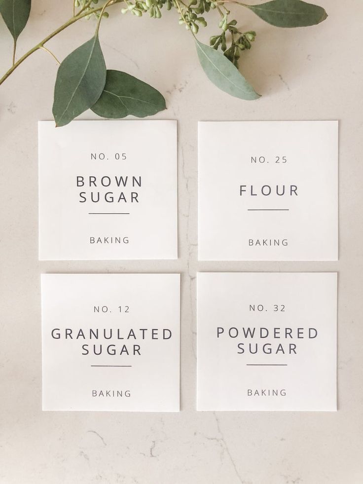 four cards with the words brown sugar and granulated sugar on them next to a plant