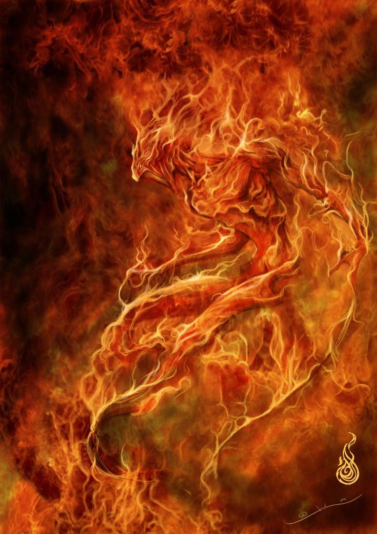 an abstract painting with fire and flames in the background