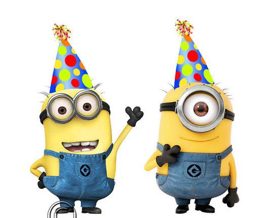 two minion characters wearing party hats with the word toy on it's side