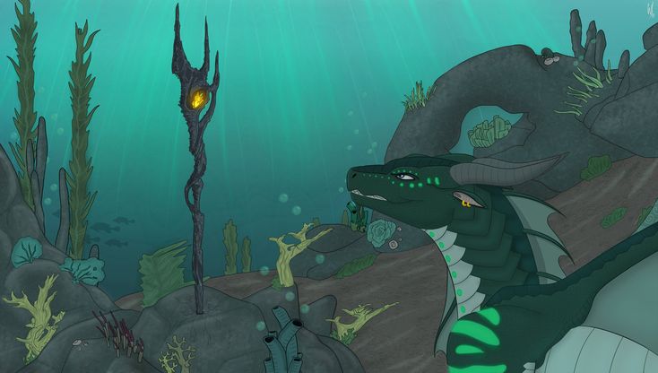 there is a green and black dragon in the water next to some rocks with plants on it