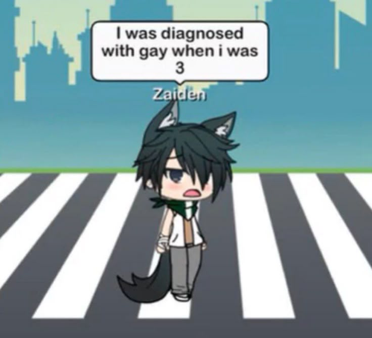 an anime character standing in the middle of a street with a speech bubble above his head