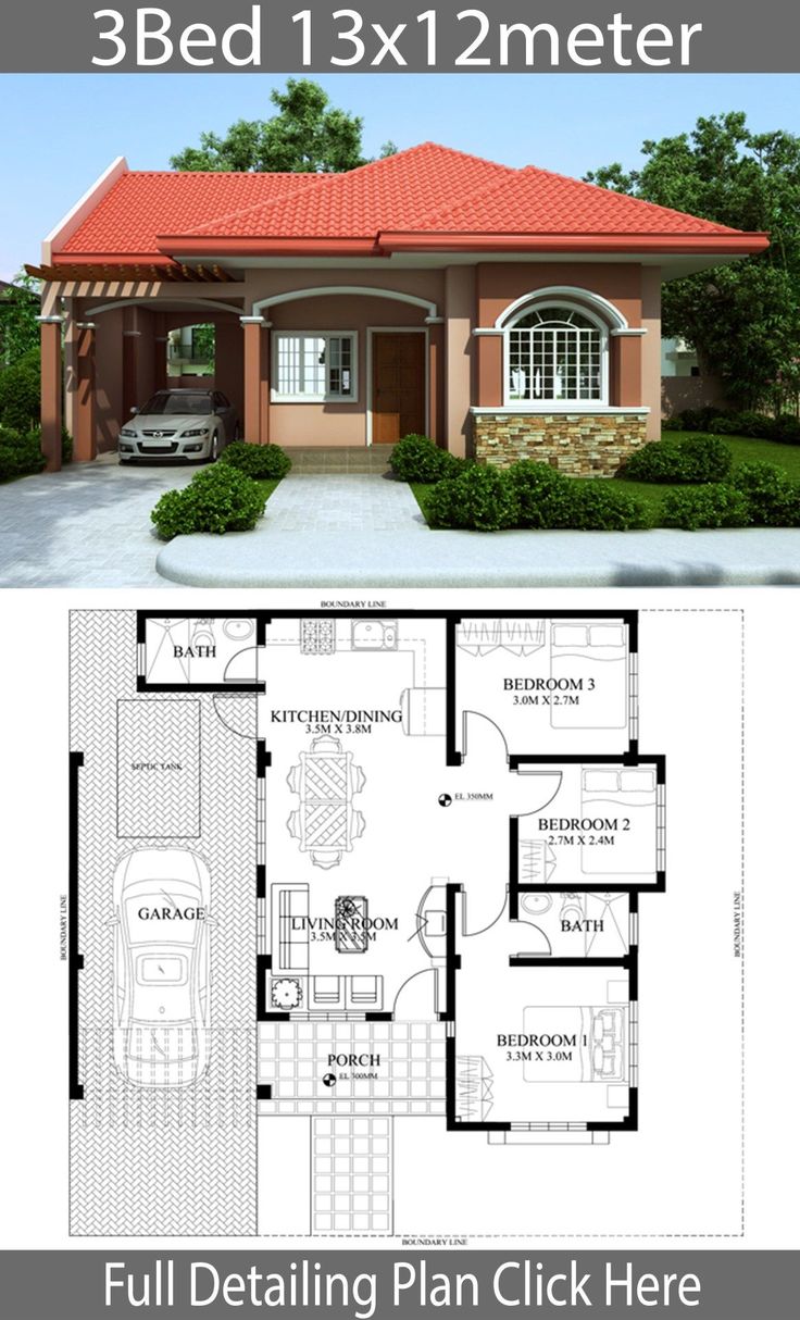 two story house plan with 3 beds and 2 bathrooms in the front, an open floor plan