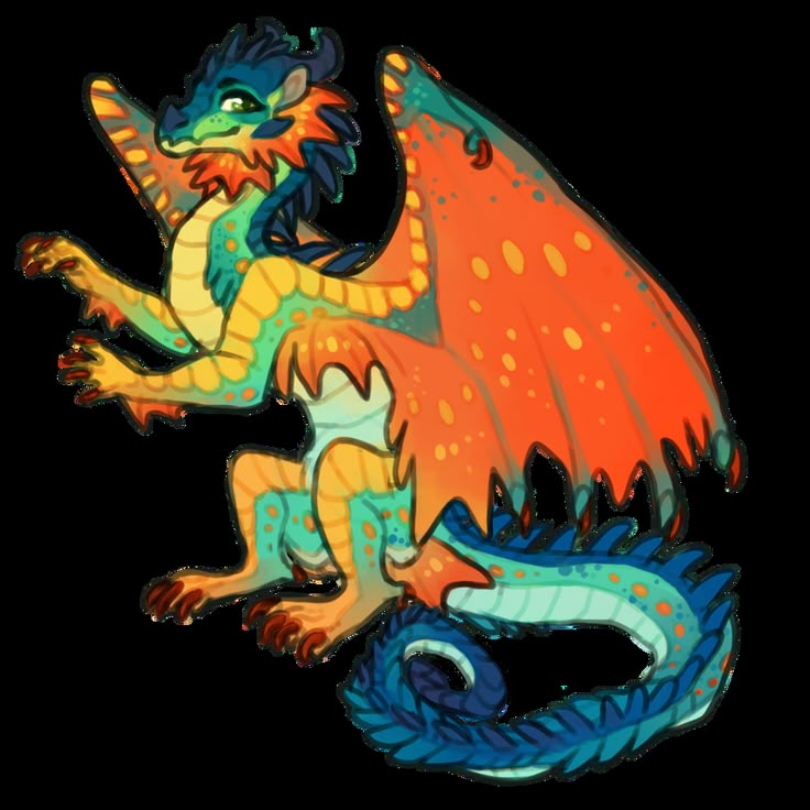 an orange and blue dragon sitting on its hind legs