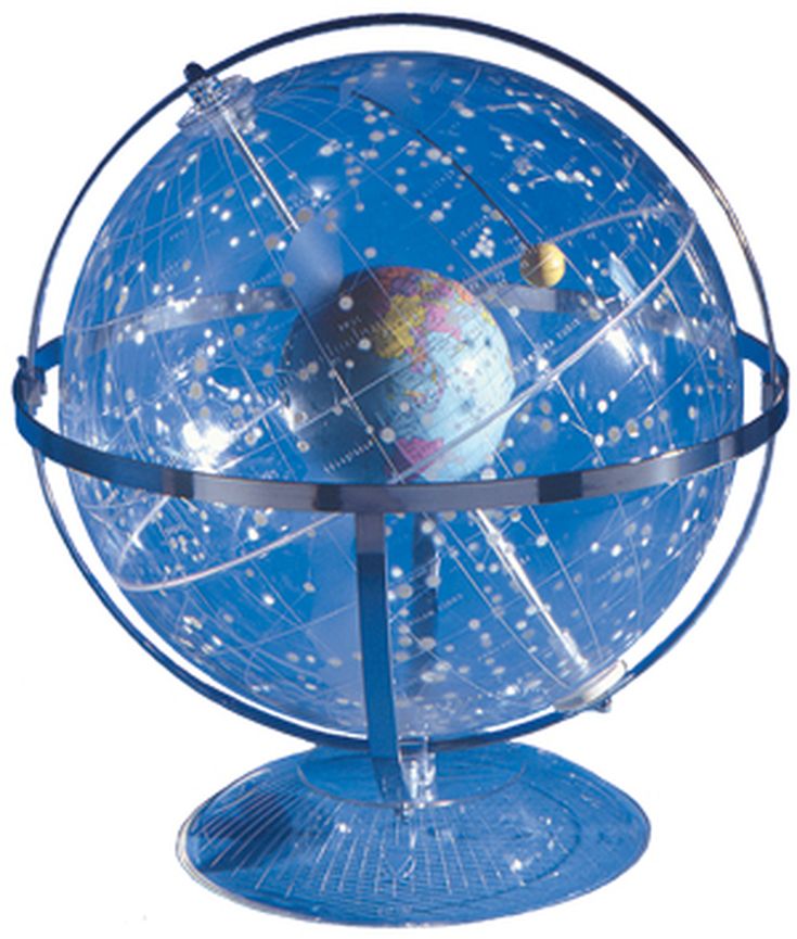 a blue and clear globe with stars on it's sides, in front of a white background