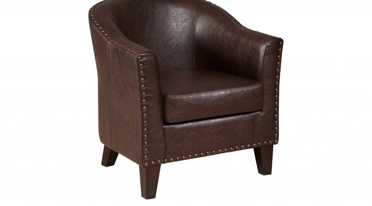 a brown leather chair with studded legs