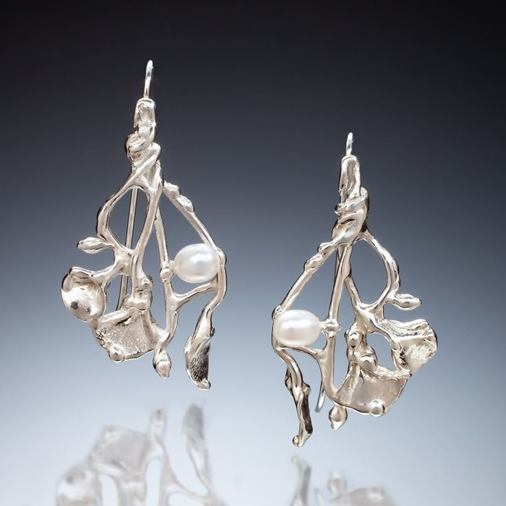 Silver Earrings - These dangle earrings offer a charming, freeform branch and leaf design which is enhanced with peg-set, white freshwater pearls. Sterling silver ear wires. Silver Vintage Earrings, Elegant Silver Freeform Earrings, Artsy Silver Earrings, Romantic Soft Summer, Jewelry Smithing, Metal Smithing Jewelry, Solder Jewelry, Garden Earrings, Trellis Garden