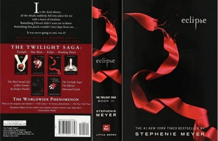 the twilight saga eclipse book cover with red ribbon on black back and white text underneath it