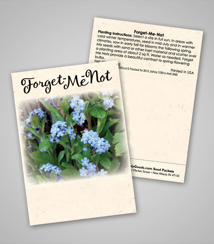 two postcards with forget me not written on them and blue flowers in the middle