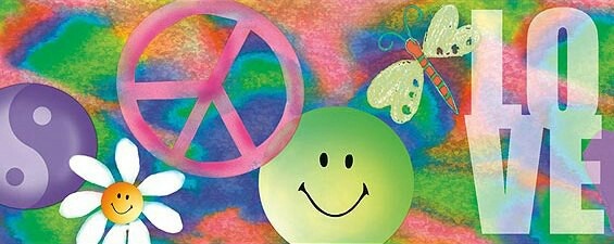 a peace sign, flowers and butterflies on a multicolored background with the word love