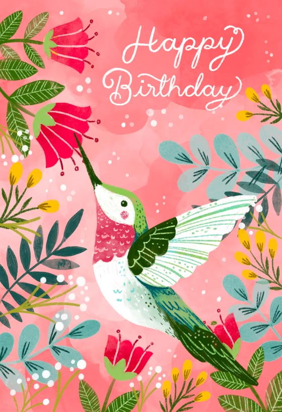 a card with a hummingbird and flowers on it's side that says happy birthday